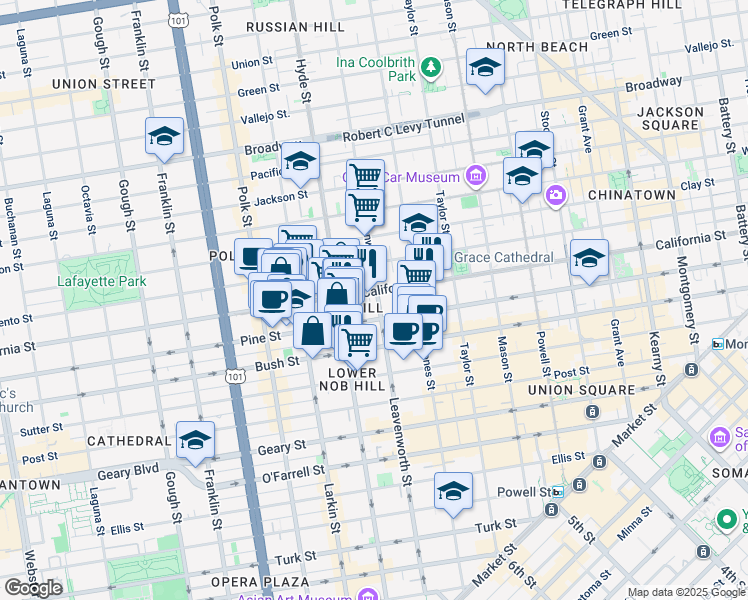 map of restaurants, bars, coffee shops, grocery stores, and more near 1398 California Street in San Francisco