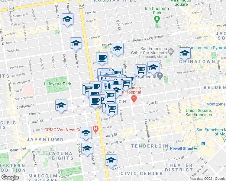 map of restaurants, bars, coffee shops, grocery stores, and more near 1574 California Street in San Francisco