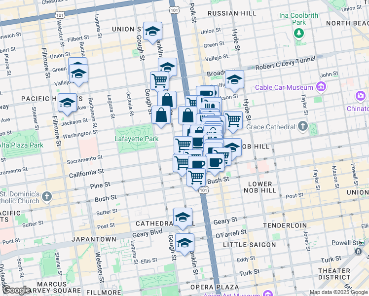 map of restaurants, bars, coffee shops, grocery stores, and more near 1700 Franklin Street in San Francisco