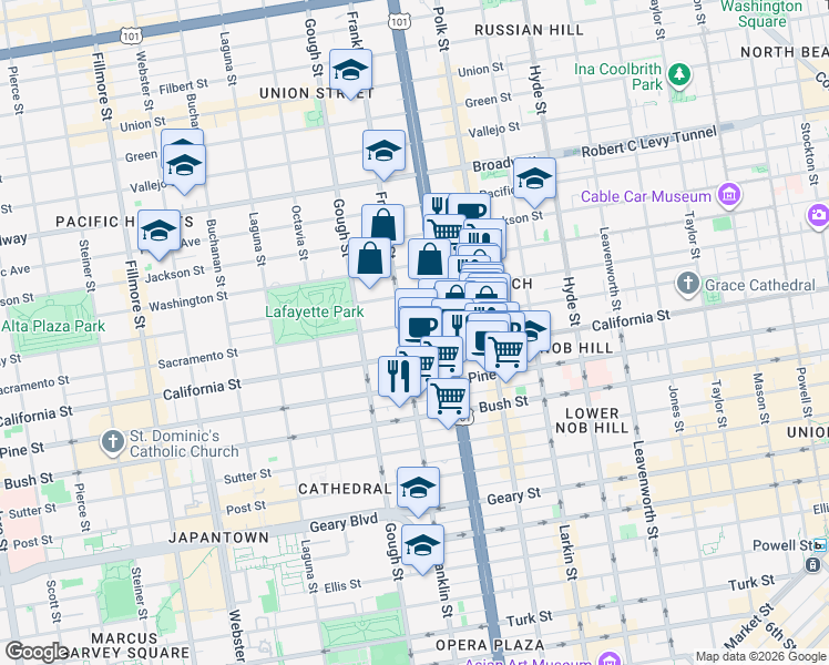 map of restaurants, bars, coffee shops, grocery stores, and more near 1700 Franklin Street in San Francisco