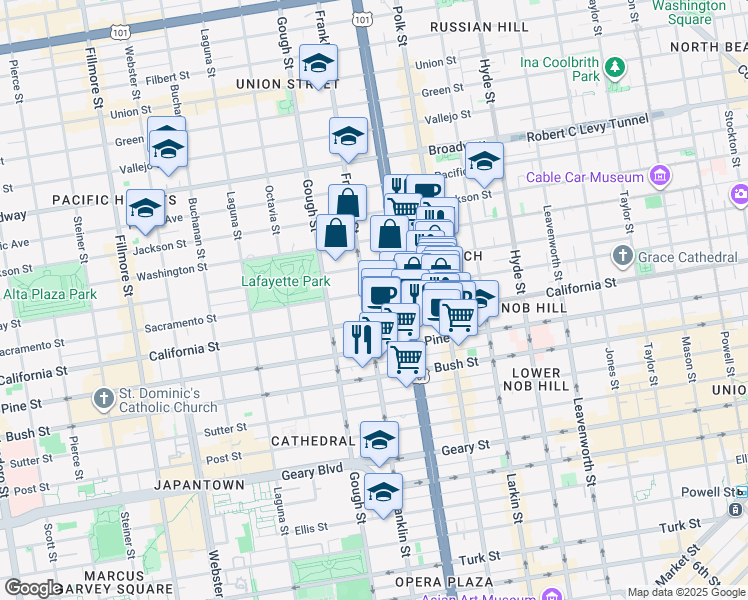 map of restaurants, bars, coffee shops, grocery stores, and more near 1700 Franklin Street in San Francisco