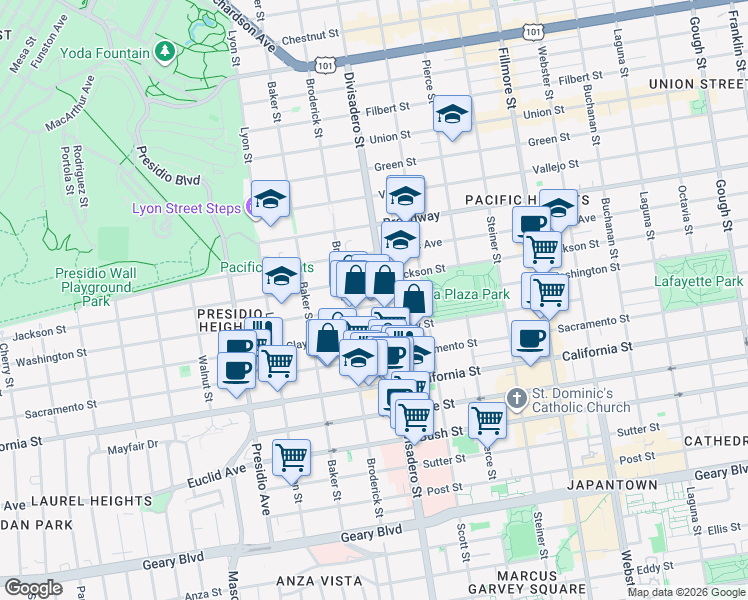 map of restaurants, bars, coffee shops, grocery stores, and more near 2970 Washington Street in San Francisco