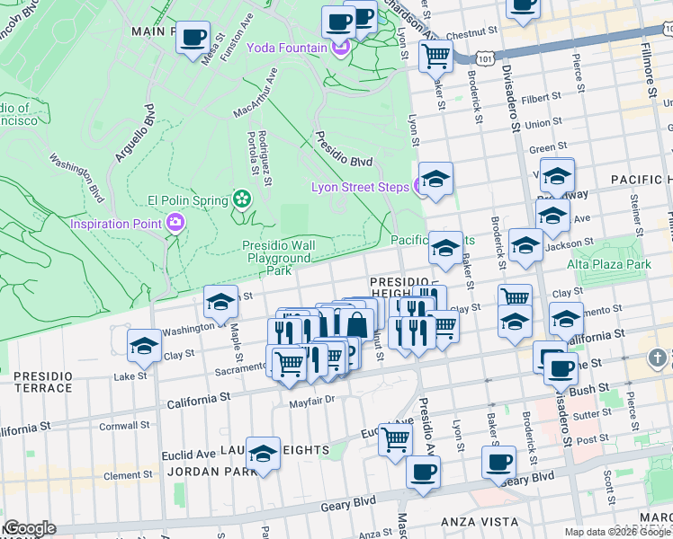 map of restaurants, bars, coffee shops, grocery stores, and more near 7 Laurel Street in San Francisco