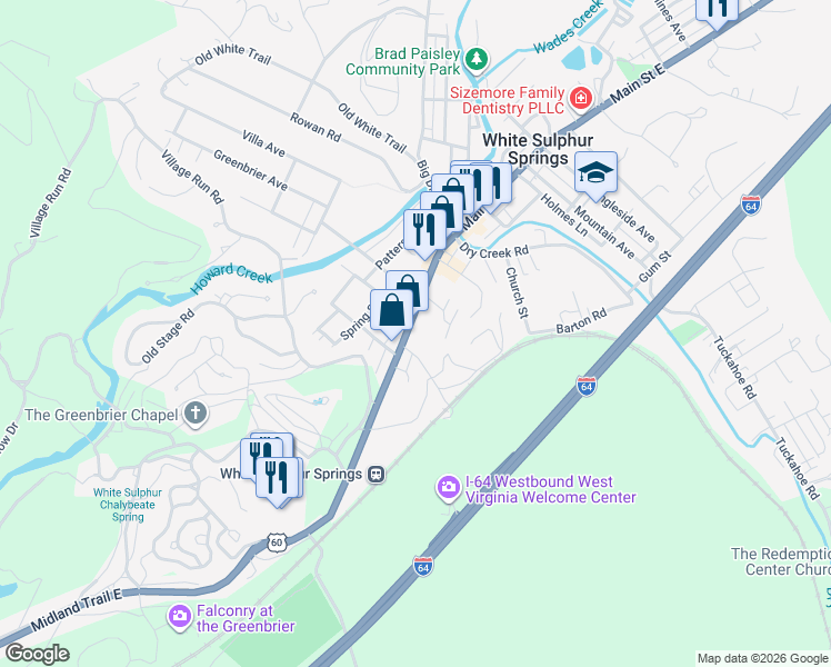 map of restaurants, bars, coffee shops, grocery stores, and more near 131 West Main Street in White Sulphur Springs