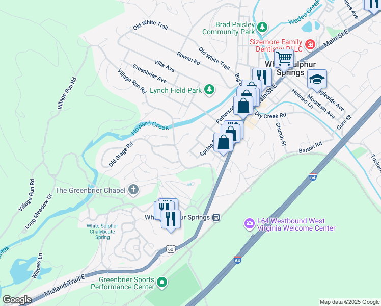 map of restaurants, bars, coffee shops, grocery stores, and more near 143 Crawford Lane in White Sulphur Springs