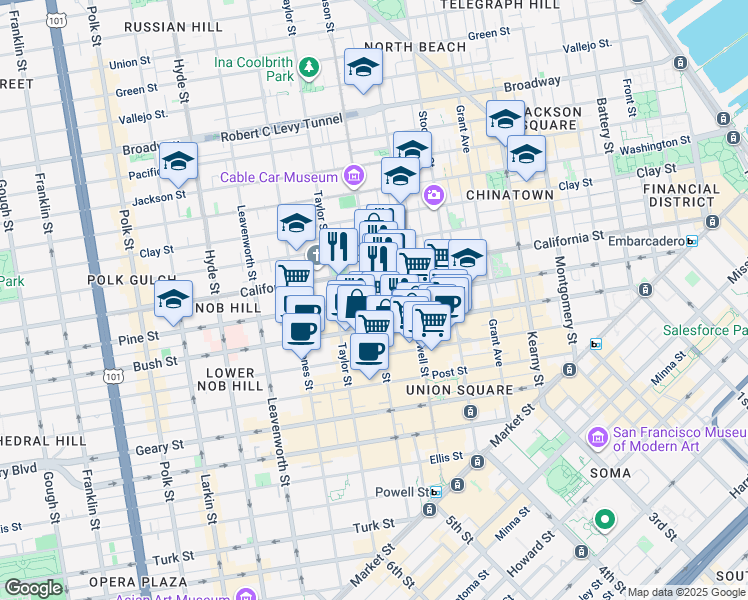 map of restaurants, bars, coffee shops, grocery stores, and more near 800 Mason Street in San Francisco