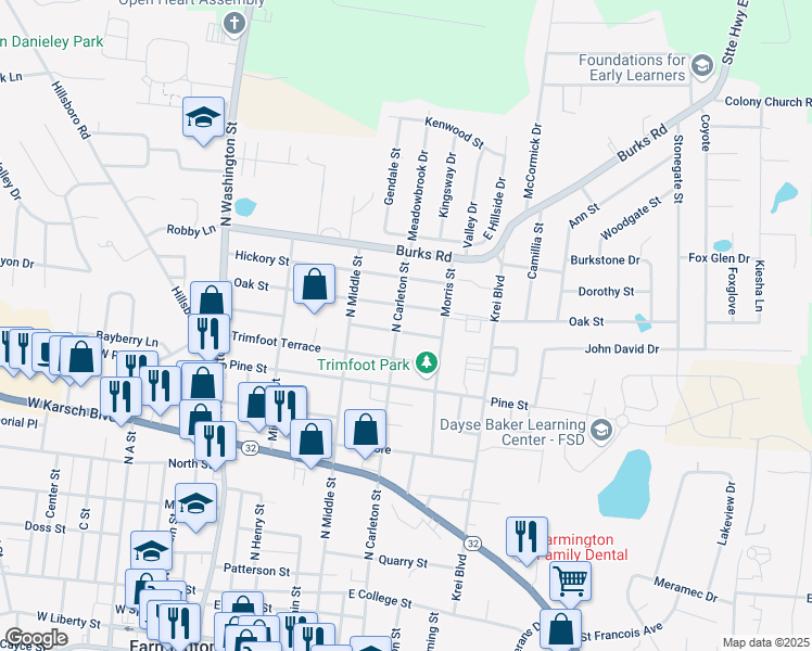 map of restaurants, bars, coffee shops, grocery stores, and more near 305 Spruce Street in Farmington