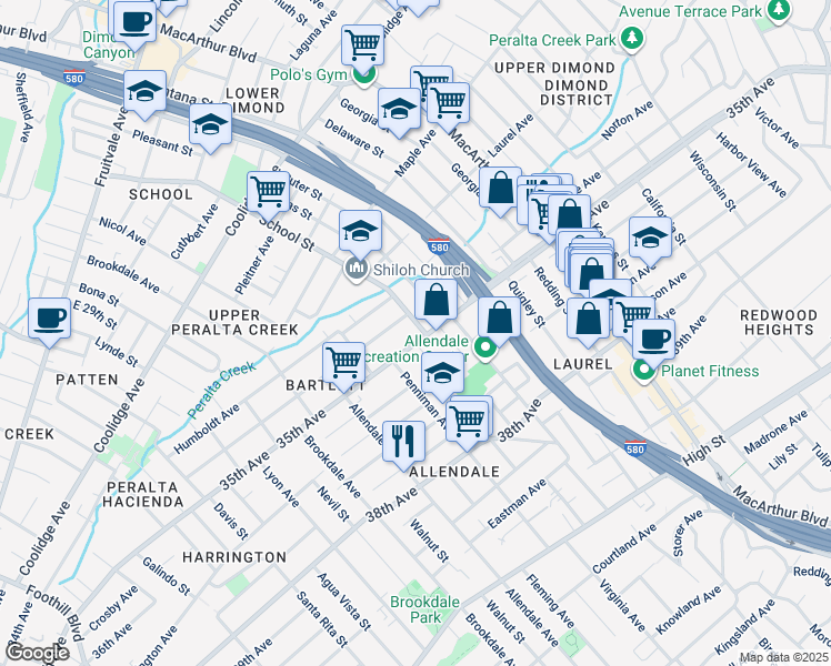 map of restaurants, bars, coffee shops, grocery stores, and more near 3032 Bartlett Street in Oakland
