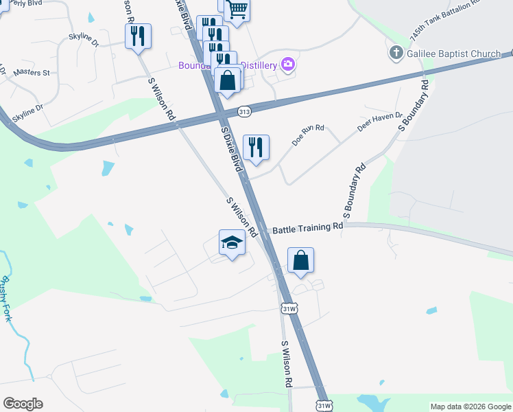 map of restaurants, bars, coffee shops, grocery stores, and more near 7298 Dixie Highway in Elizabethtown