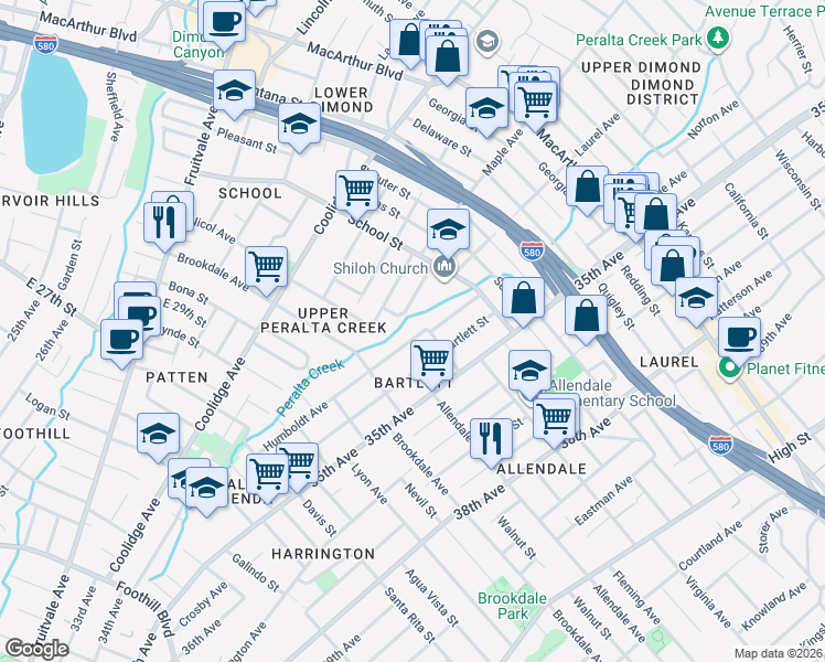 map of restaurants, bars, coffee shops, grocery stores, and more near 2737 Humboldt Avenue in Oakland