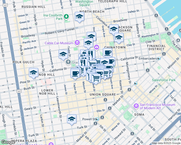 map of restaurants, bars, coffee shops, grocery stores, and more near 655 Powell Street in San Francisco