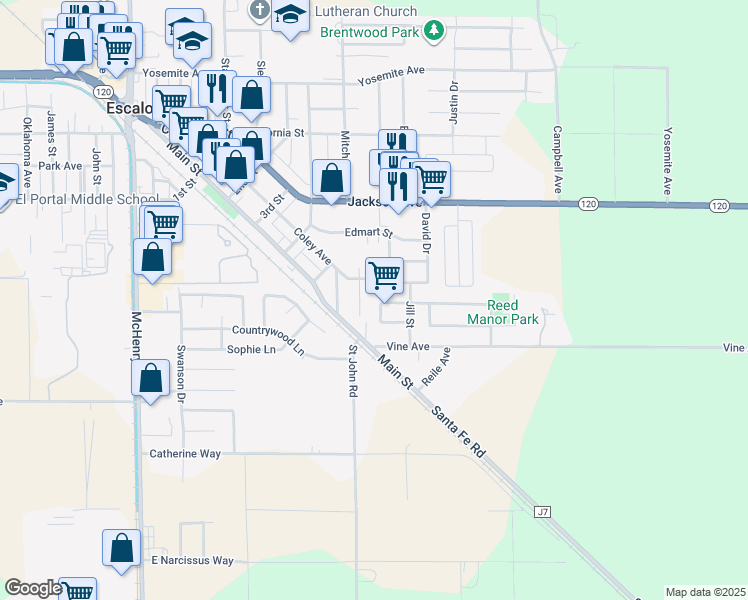 map of restaurants, bars, coffee shops, grocery stores, and more near 2233 Strong Avenue in Escalon