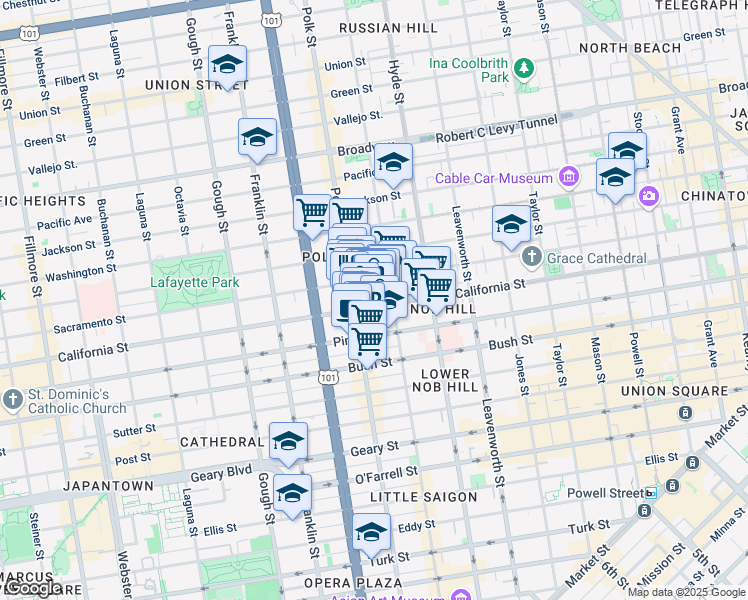 map of restaurants, bars, coffee shops, grocery stores, and more near 1574 California Street in San Francisco