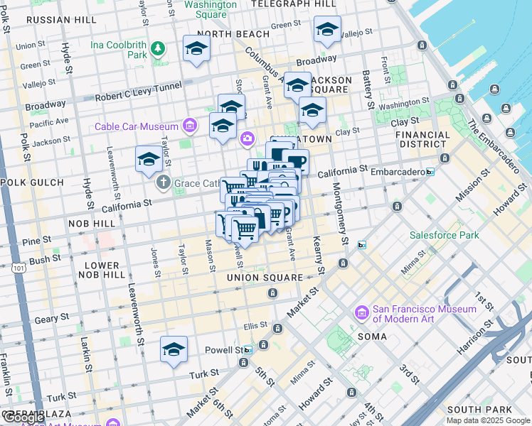 map of restaurants, bars, coffee shops, grocery stores, and more near 701 Pine Street in San Francisco