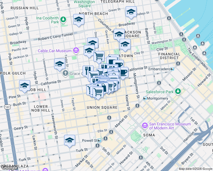 map of restaurants, bars, coffee shops, grocery stores, and more near 530 Stockton Street in San Francisco