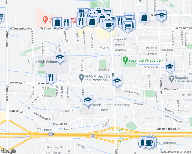 map of restaurants, bars, coffee shops, grocery stores, and more near 1336 Ferrari Court in Manteca