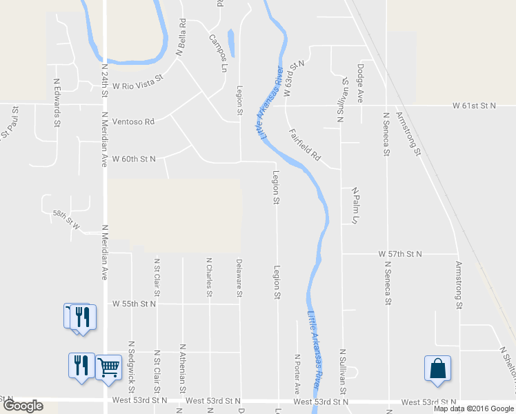 map of restaurants, bars, coffee shops, grocery stores, and more near 5915 Legion Street in Wichita