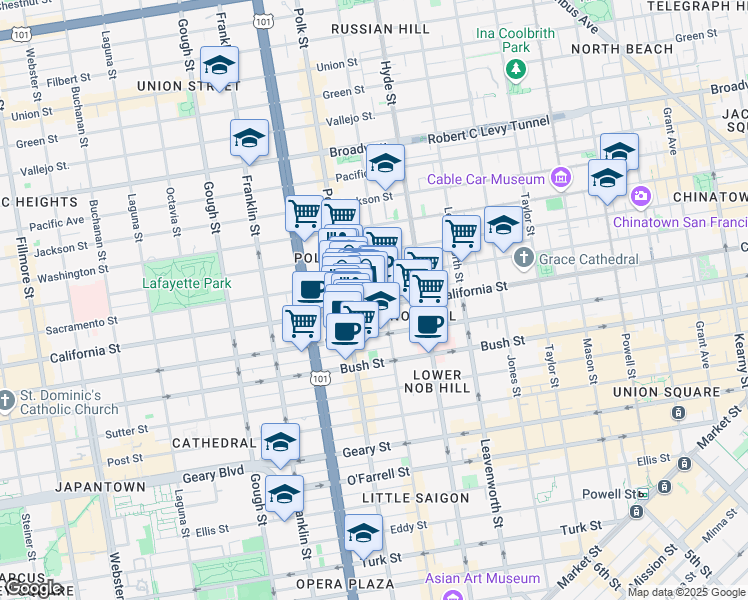 map of restaurants, bars, coffee shops, grocery stores, and more near 1526 California Street in San Francisco
