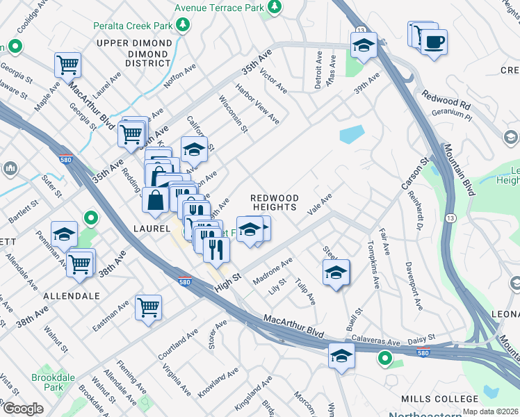 map of restaurants, bars, coffee shops, grocery stores, and more near 3855 Maybelle Avenue in Oakland