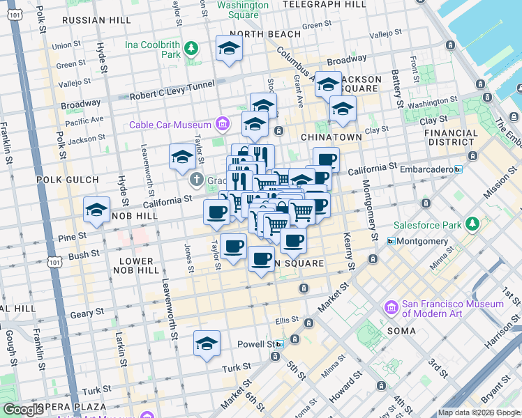 map of restaurants, bars, coffee shops, grocery stores, and more near 810 Pine Street in San Francisco