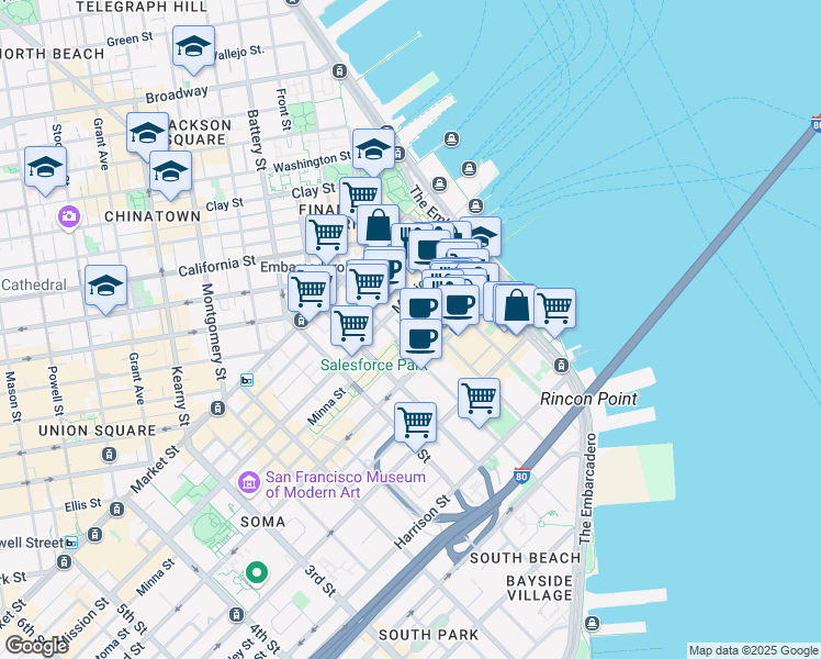map of restaurants, bars, coffee shops, grocery stores, and more near 201 Mission Street in San Francisco