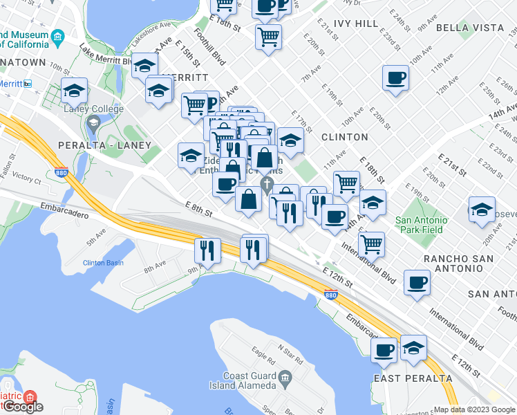 map of restaurants, bars, coffee shops, grocery stores, and more near 1136 10th Avenue in Oakland