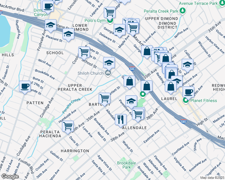 map of restaurants, bars, coffee shops, grocery stores, and more near 2839 Bartlett Street in Oakland
