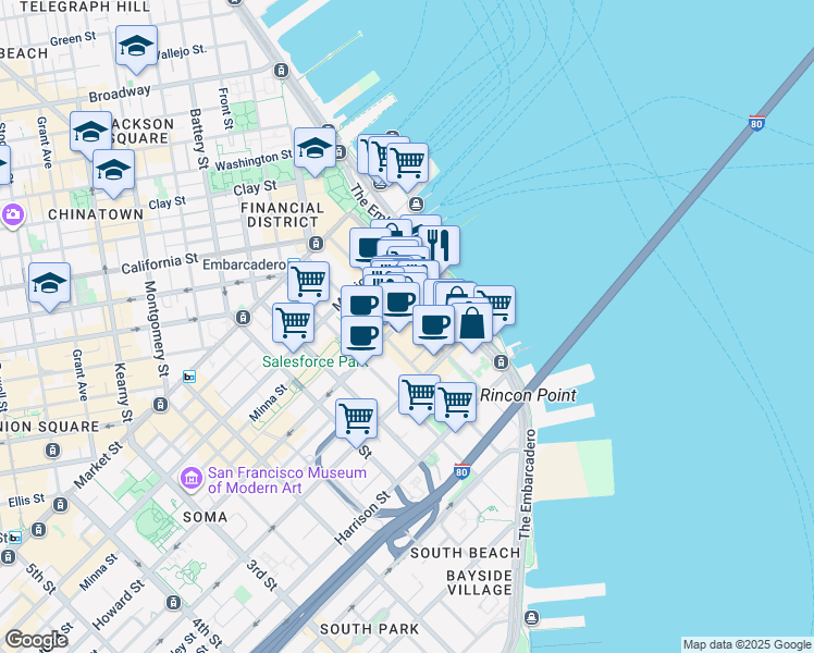 map of restaurants, bars, coffee shops, grocery stores, and more near 221 Main Street in San Francisco