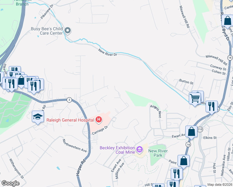 map of restaurants, bars, coffee shops, grocery stores, and more near 645 Carriage Dr in Beckley
