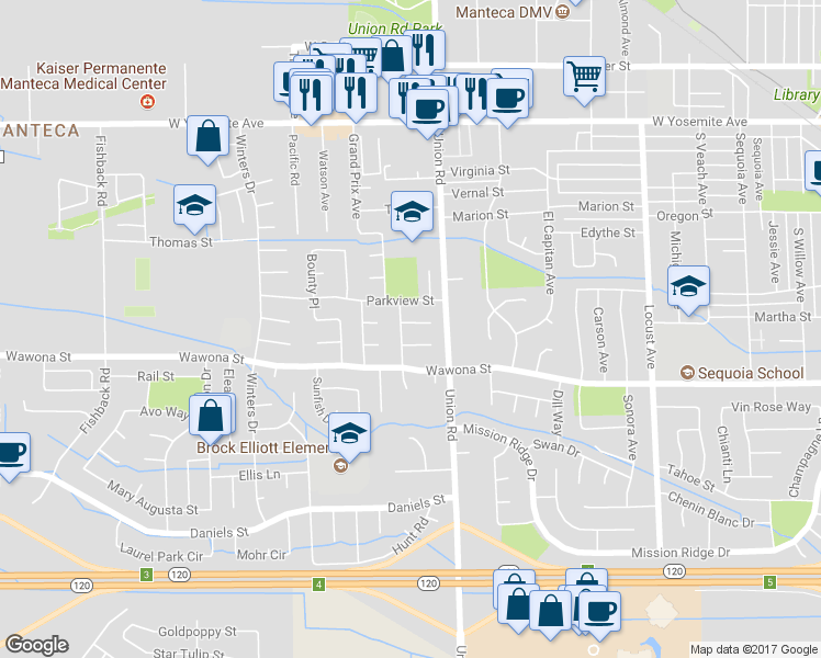 map of restaurants, bars, coffee shops, grocery stores, and more near 1274 Christine Court in Manteca
