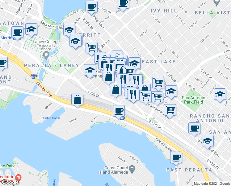 map of restaurants, bars, coffee shops, grocery stores, and more near 954 East 11th Street in Oakland