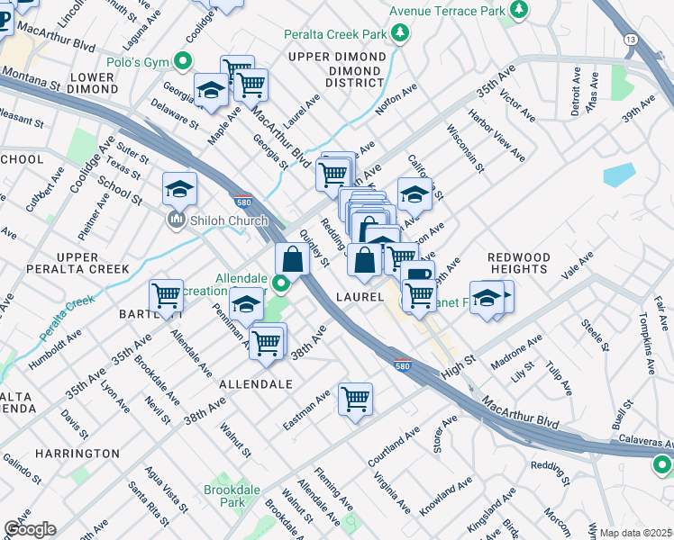 map of restaurants, bars, coffee shops, grocery stores, and more near 3718 Quigley Street in Oakland