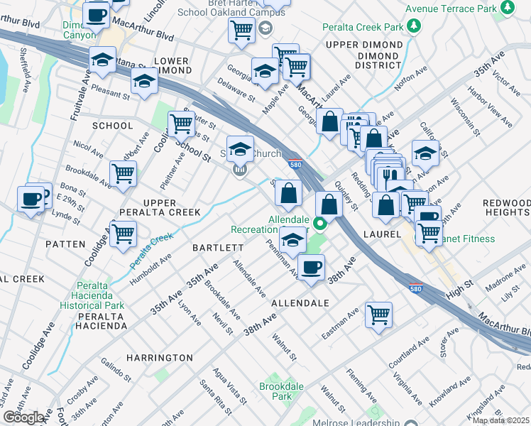 map of restaurants, bars, coffee shops, grocery stores, and more near 3032 Bartlett Street in Oakland