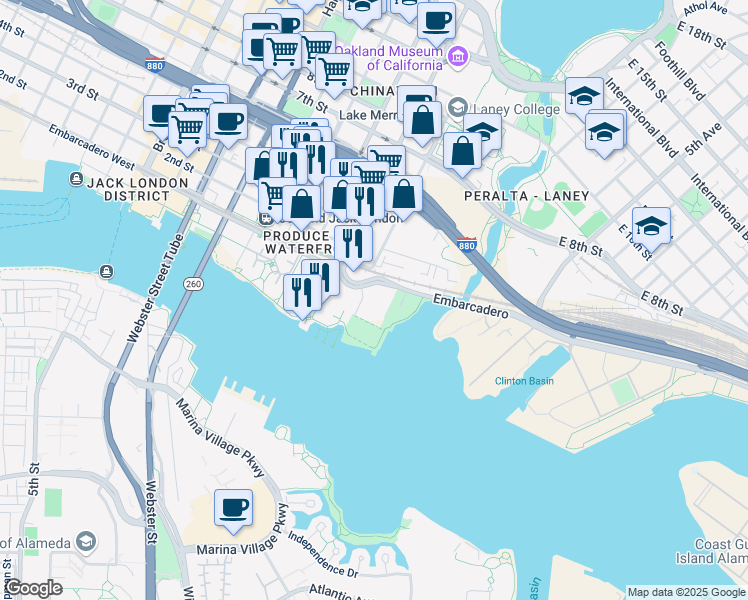 map of restaurants, bars, coffee shops, grocery stores, and more near 105 Embarcadero West in Oakland