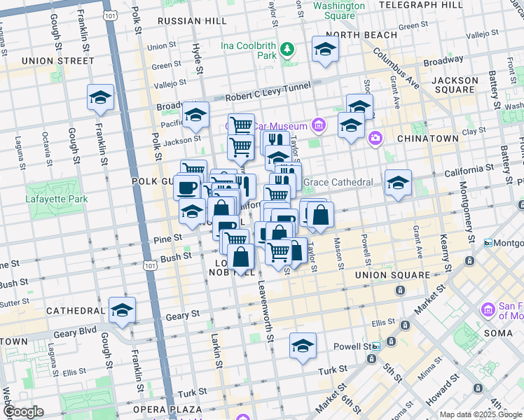 map of restaurants, bars, coffee shops, grocery stores, and more near 1255 California Street in San Francisco