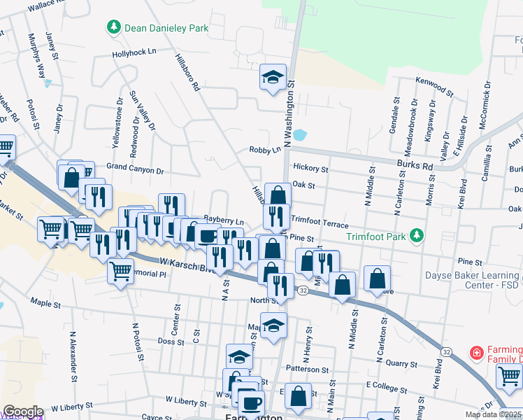 map of restaurants, bars, coffee shops, grocery stores, and more near 209 Hillsboro Road in Farmington