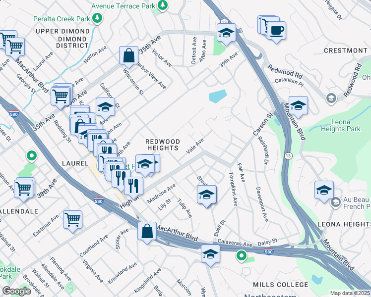 map of restaurants, bars, coffee shops, grocery stores, and more near 3921 Vale Avenue in Oakland