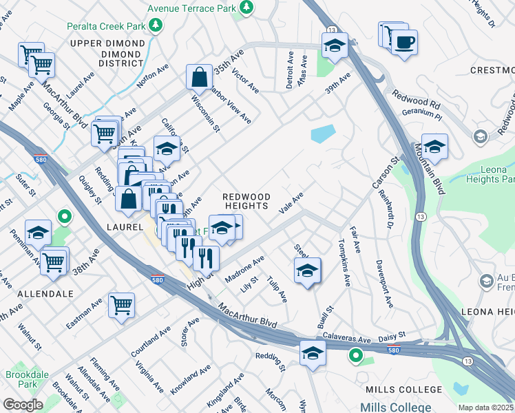 map of restaurants, bars, coffee shops, grocery stores, and more near 4116 Bayo Street in Oakland