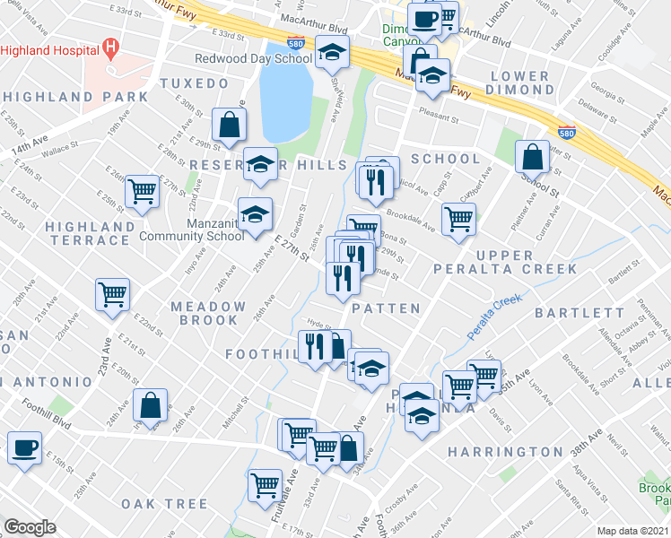 map of restaurants, bars, coffee shops, grocery stores, and more near 2638 East 27th Street in Oakland