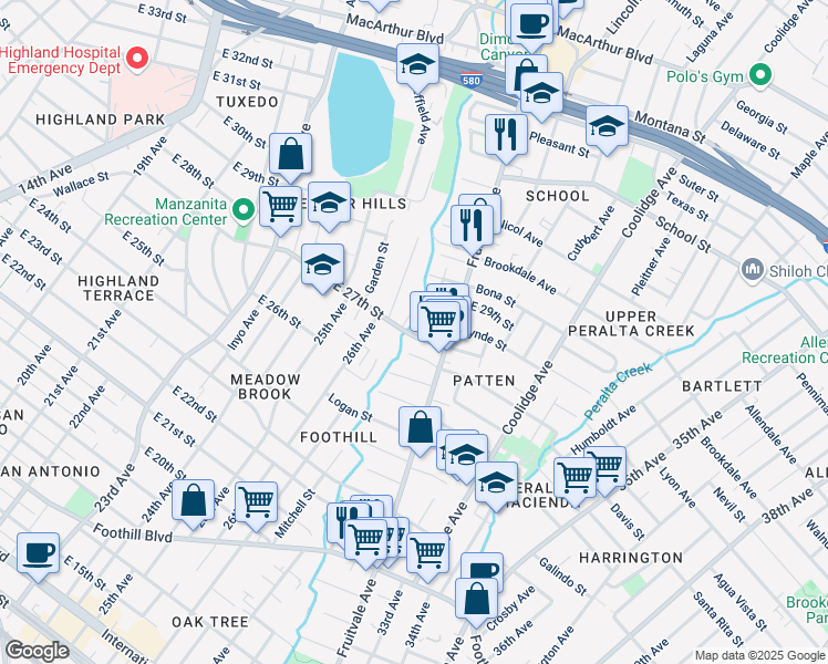 map of restaurants, bars, coffee shops, grocery stores, and more near 2638 East 27th Street in Oakland