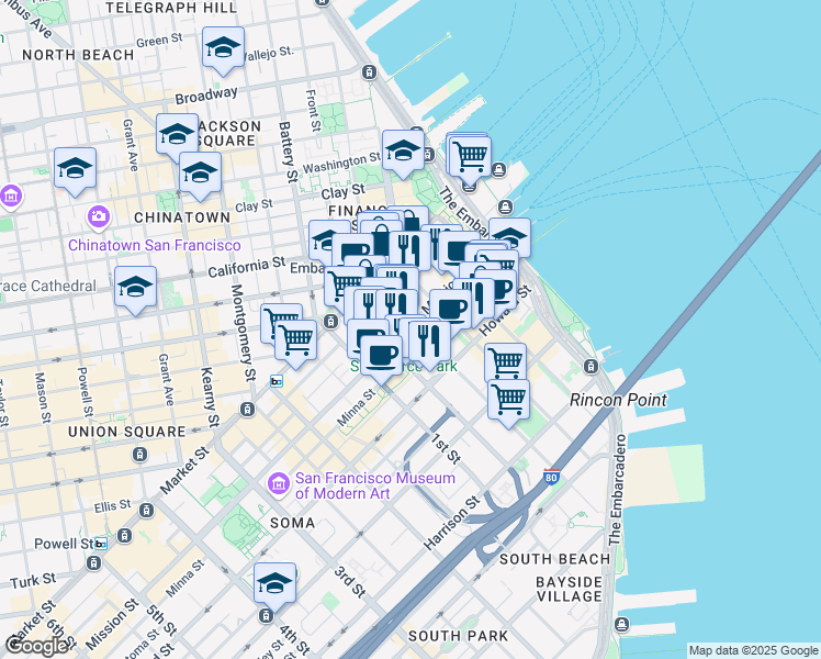 map of restaurants, bars, coffee shops, grocery stores, and more near 201 Mission Street in San Francisco