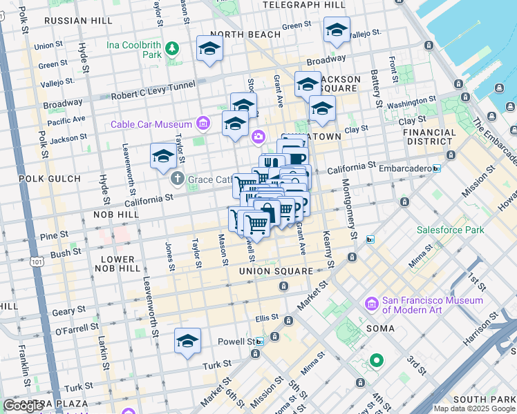 map of restaurants, bars, coffee shops, grocery stores, and more near 701 Pine Street in San Francisco