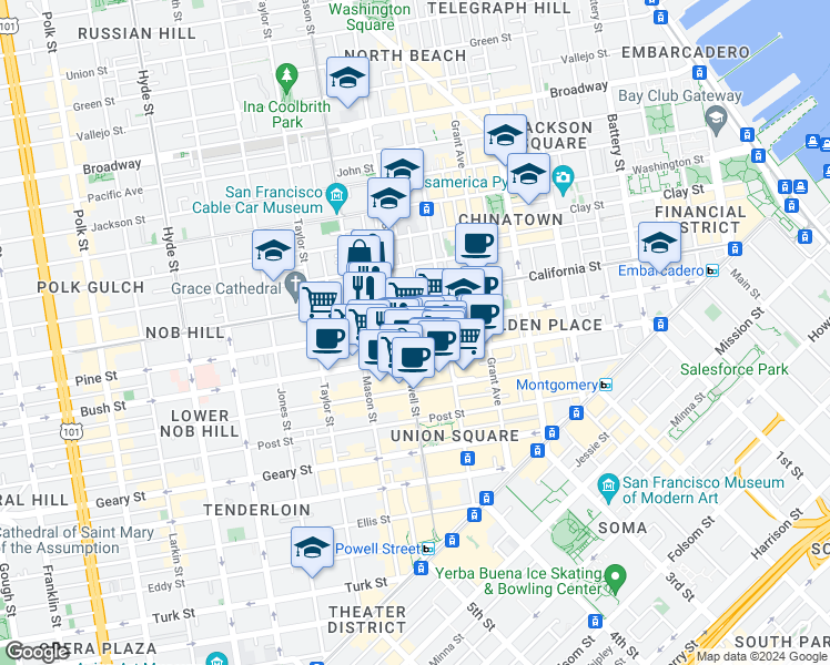 map of restaurants, bars, coffee shops, grocery stores, and more near in San Francisco