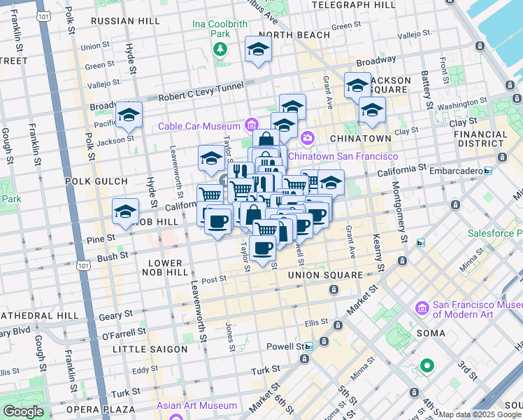 map of restaurants, bars, coffee shops, grocery stores, and more near 817 Mason Street in San Francisco