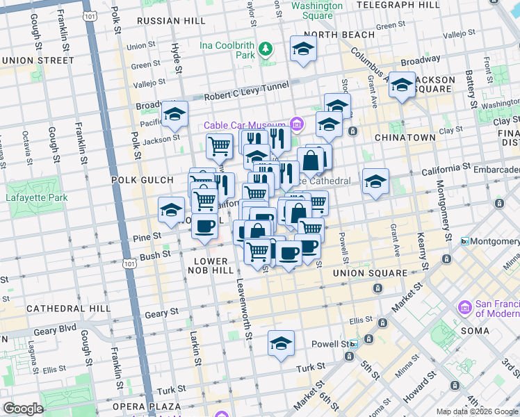 map of restaurants, bars, coffee shops, grocery stores, and more near in San Francisco