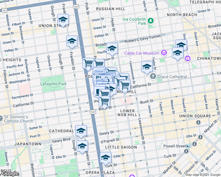 map of restaurants, bars, coffee shops, grocery stores, and more near 1574 California Street in San Francisco