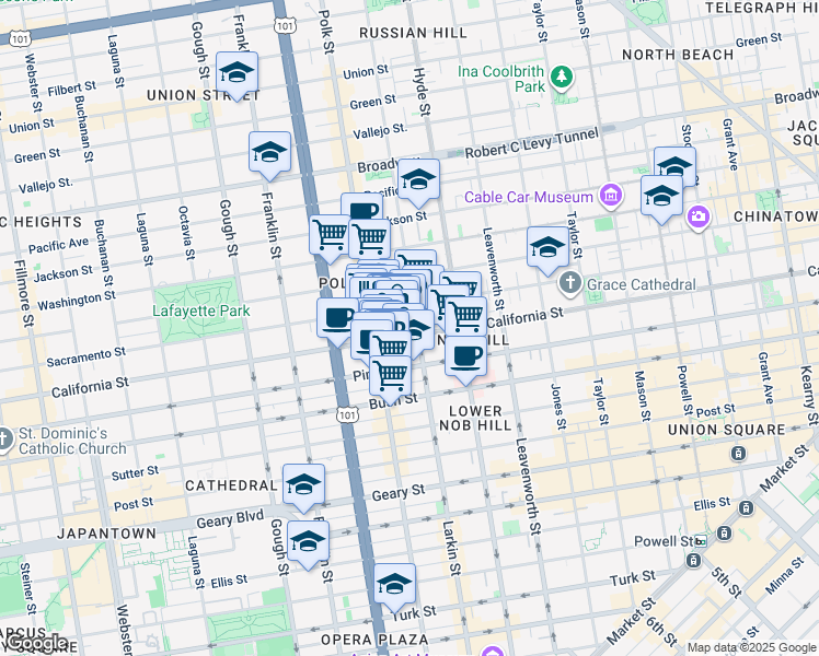 map of restaurants, bars, coffee shops, grocery stores, and more near 1574 California Street in San Francisco