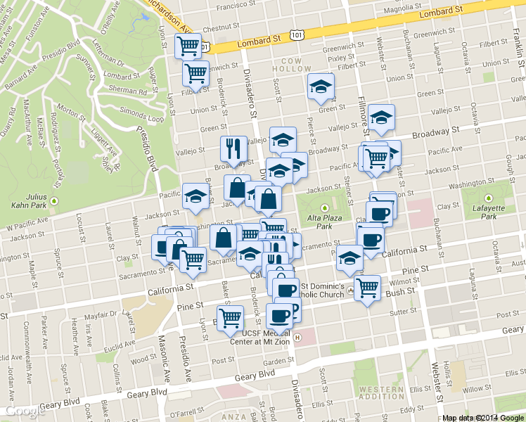 map of restaurants, bars, coffee shops, grocery stores, and more near 2970 Washington Street in San Francisco