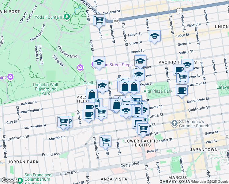 map of restaurants, bars, coffee shops, grocery stores, and more near 2927 Jackson Street in San Francisco