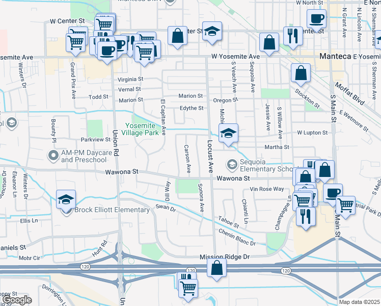 map of restaurants, bars, coffee shops, grocery stores, and more near 752 Carson Avenue in Manteca